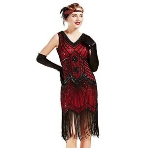 BABEYOND Women's Flapper Dresses 1920s V Neck Beaded Fringed Red & Black Size L